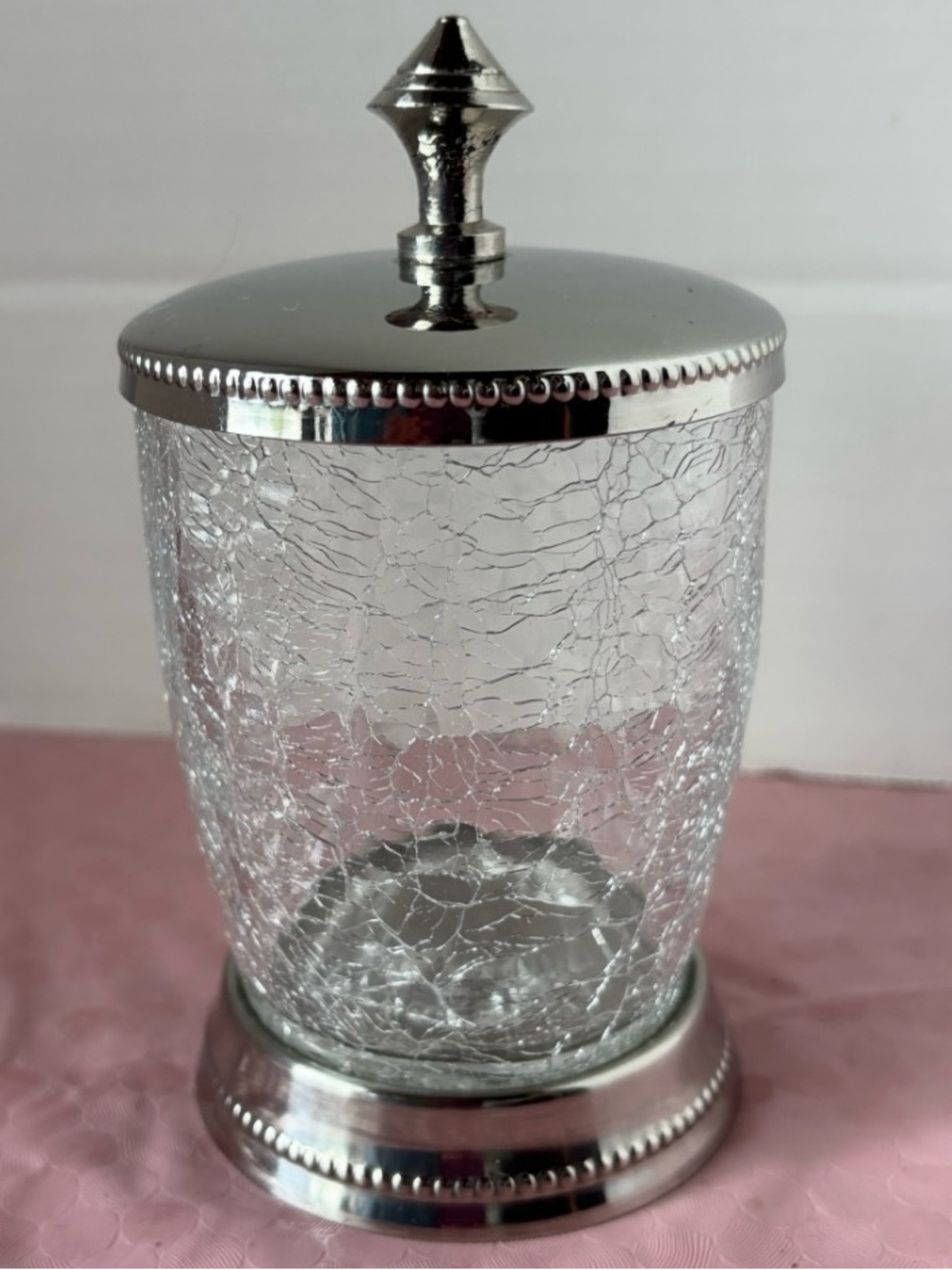 Crackle Glass Vanity Jar with Silver Lid and Base Hand crafted in India